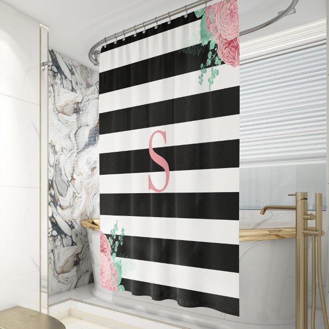 Black White Stripe Pink Mint Green Floral Monogram Shower Curtain (Creator Uploaded)