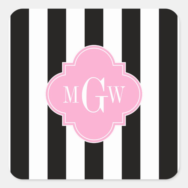Black White Stripe Pink Quatrefoil 3 Monogram Square Sticker (Front)