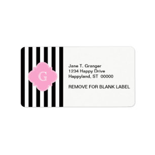 Black White Stripe, Pink Quatrefoil Monogram Label