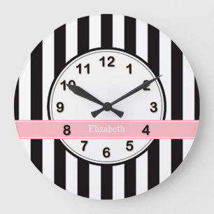 Black White Stripe Pink Ribbon Name Monogram Large Clock