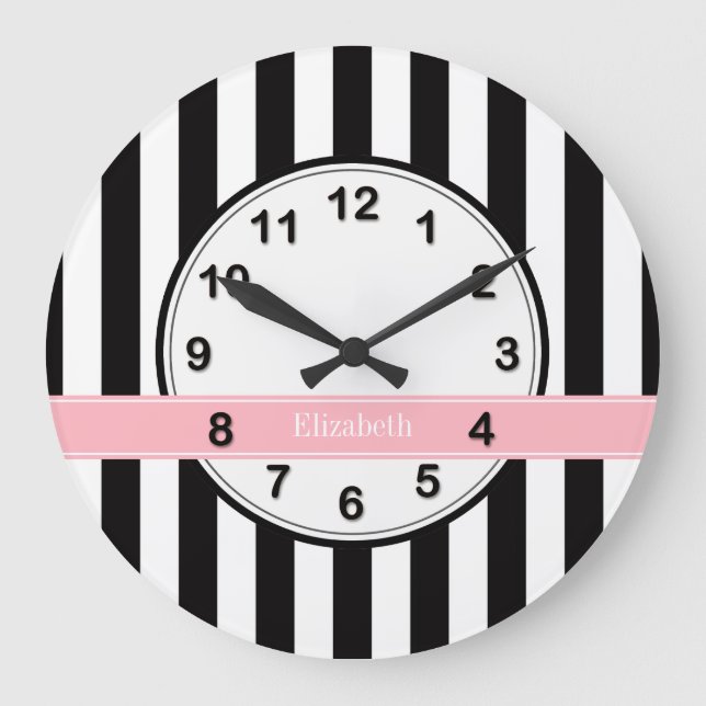 Black White Stripe Pink Ribbon Name Monogram Large Clock (Front)