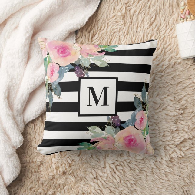 Black White Stripe Pink Watercolor Floral Monogram Cushion (Blanket)
