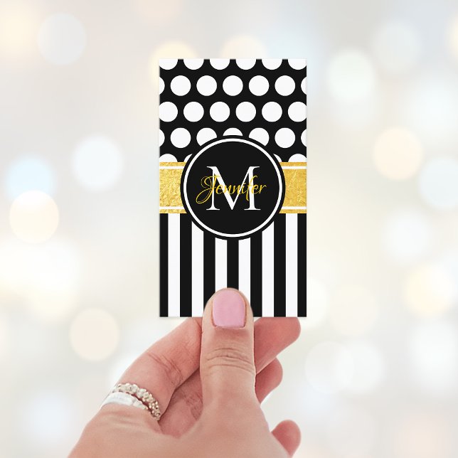 Black White Stripe Polka Dot Gold Monogram Business Card (Monogram Modern Color Block Style Business Card)