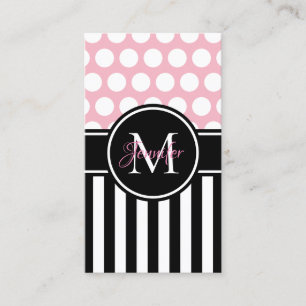 Black White Stripe Polka Dot Pale Pink Monogram Business Card