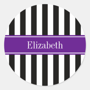 Black White Stripe Purple Ribbon Name Monogram Classic Round Sticker