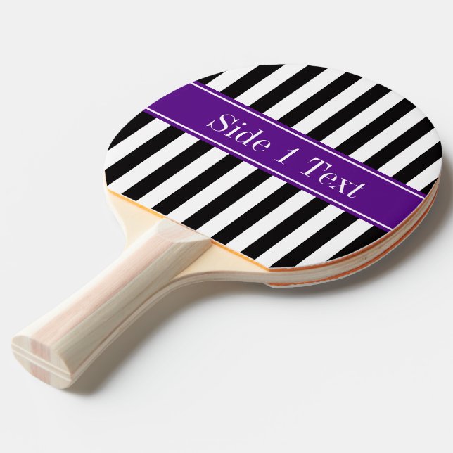 Black White Stripe Purple Ribbon Name Monogram Ping Pong Paddle (Front Angle)