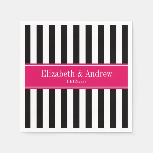 Black White Stripe Raspberry Ribbon Name Monogram Napkin (Front)