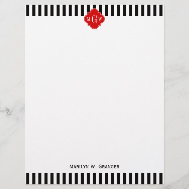 Black White Stripe Red Quatrefoil 3 Monogram (Front)