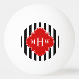 Black White Stripe Red Quatrefoil 3 Monogram Ping Pong Ball