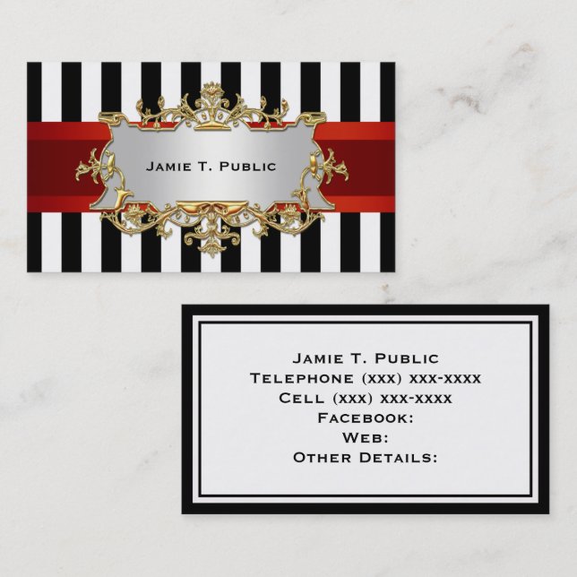 Black White Stripe, Red Ribbon, Gold Framed Label Business Card (Front/Back)