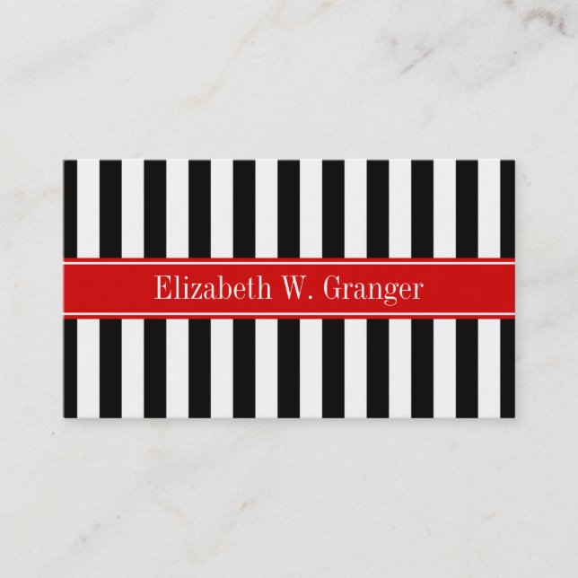 Black White Stripe Red Ribbon Name Monogram Business Card (Front)
