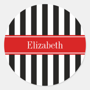 Black White Stripe Red Ribbon Name Monogram Classic Round Sticker