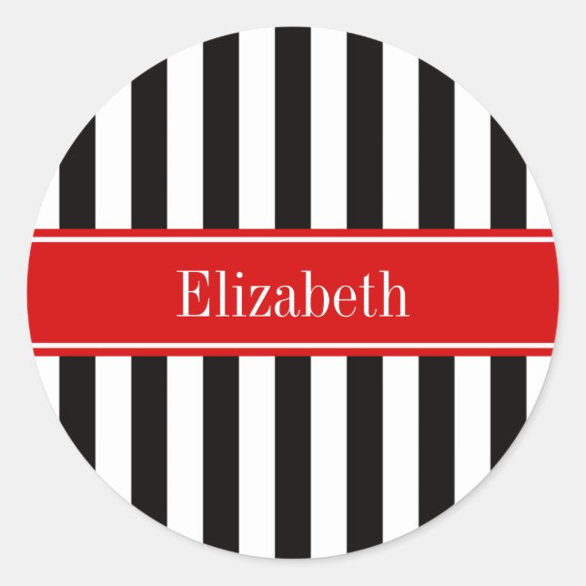Black White Stripe Red Ribbon Name Monogram Classic Round Sticker (Front)