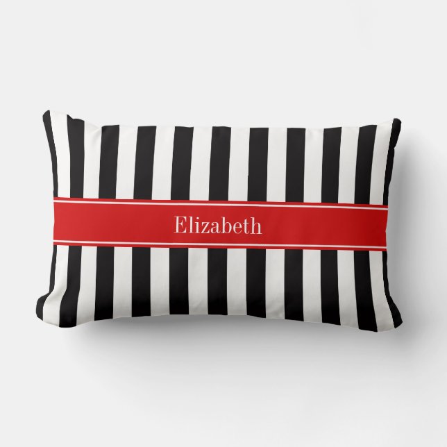 Black White Stripe Red Ribbon Name Monogram Lumbar Cushion (Front)
