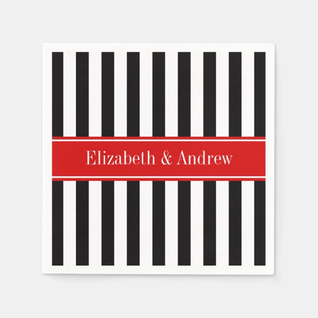 Black White Stripe Red Ribbon Name Monogram Napkin (Front)