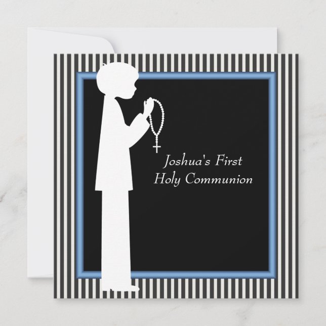 Black White Stripe Rosary Boys First Communion Invitation (Front)