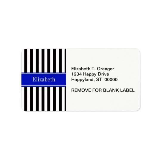 Black White Stripe Royal Blue Ribbon Name Monogram Address Label