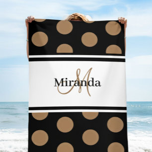 Black White Stripe Script Monogram Brown Polka Dot Beach Towel