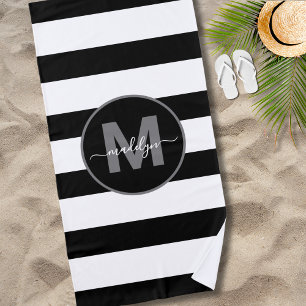 Black White Stripe Script Name Monogram Beach Towel