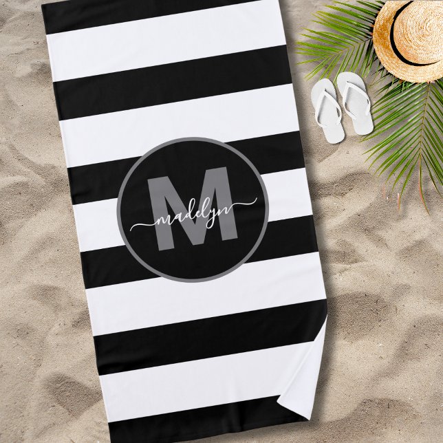 Black White Stripe Script Name Monogram Beach Towel (Black White Stripe Script Name Monogram Beach Towel)