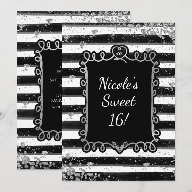 Black & White Stripe Silver Flake Party Invitation (Front/Back)