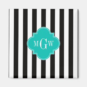 Black White Stripe Teal Quatrefoil 3 Monogram Magnet