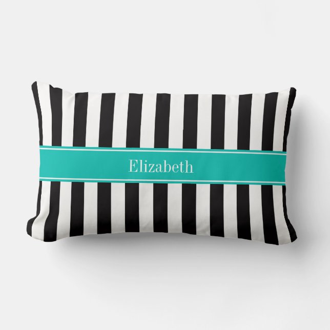 Black White Stripe Teal Ribbon Name Monogram Lumbar Cushion (Front)