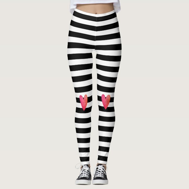 Black White Stripe Trendy Pink Heart Valentine Leggings (Front)