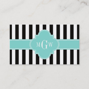 Black White Stripe Turquoise Quatrefoil 3 Monogram Business Card