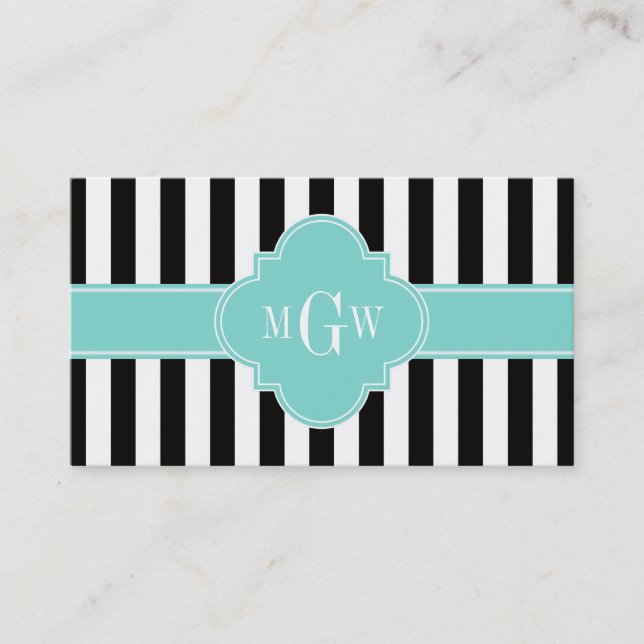 Black White Stripe Turquoise Quatrefoil 3 Monogram Business Card (Front)