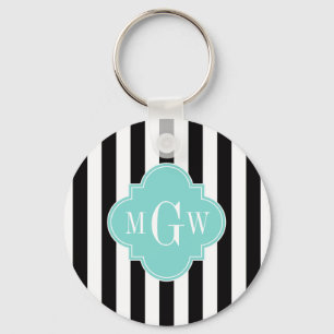 Black White Stripe Turquoise Quatrefoil 3 Monogram Key Ring