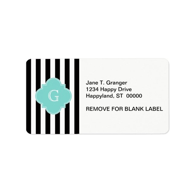 Black White Stripe Turquoise Quatrefoil Monogram Label (Front)