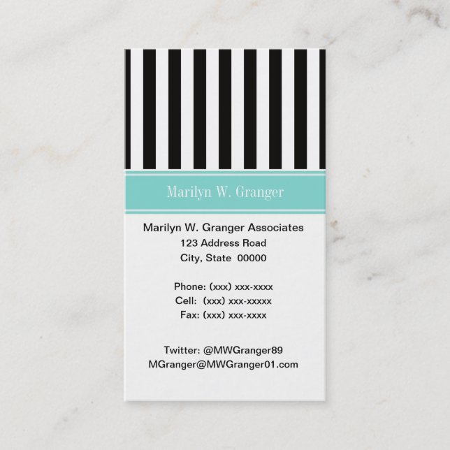 Black White Stripe Turquoise Ribbon Name Monogram Business Card (Front)