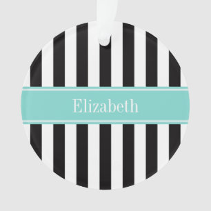 Black White Stripe Turquoise Ribbon Name Monogram Ornament