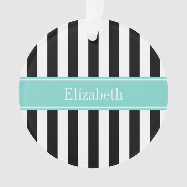 Black White Stripe Turquoise Ribbon Name Monogram Ornament (Front)