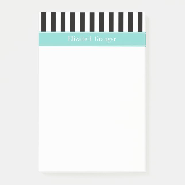 Black White Stripe Turquoise Ribbon Name Monogram Post-it Notes (Front)