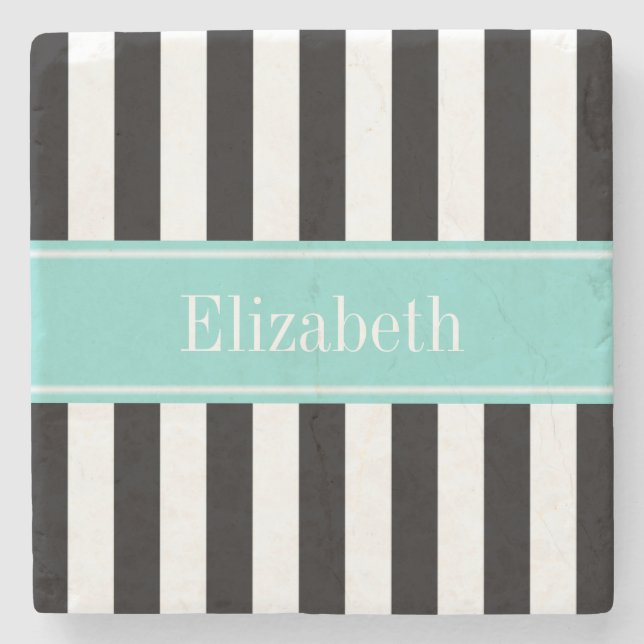 Black White Stripe Turquoise Ribbon Name Monogram Stone Coaster (Front)