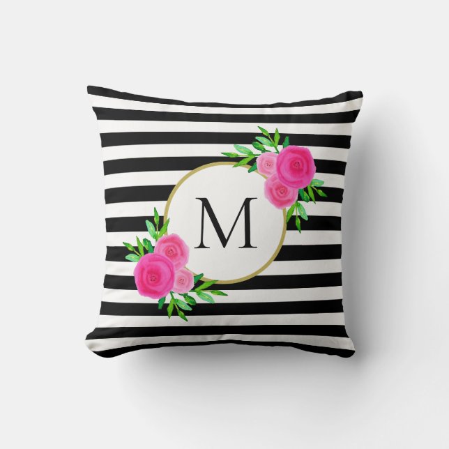 Black White Stripe Watercolor Pink Floral Monogram Cushion (Front)