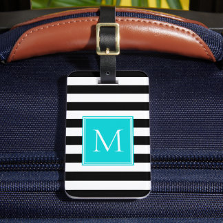 Black & White Stripe with Aqua Monogram Luggage Tag