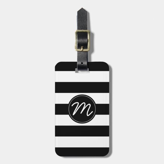 Black & White Stripe with Black Monogram Luggage Tag (Front Vertical)