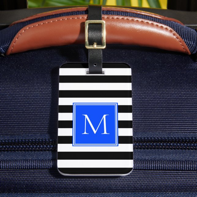 Black & White Stripe with Cobalt Monogram Luggage Tag (Front Insitu 2)