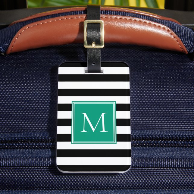 Black & White Stripe with Emerald Monogram Luggage Tag (Front Insitu 2)