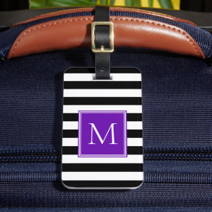 Black & White Stripe with Purple Monogram Luggage Tag