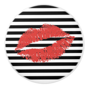 Black & White Stripe with Red Lips Drawer Pull