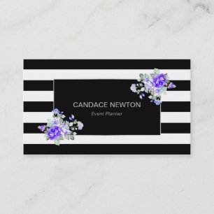 Black & White Stripe with Silver & Lavender Roses Business Card