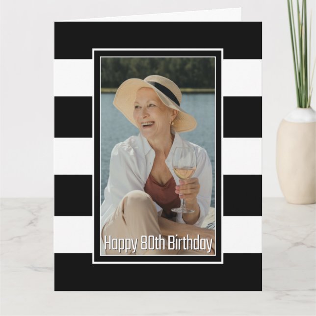 Black White Striped 80th Birthday Card (Front)