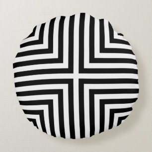 Black & White Striped Angular Box Repeat Pattern Round Cushion