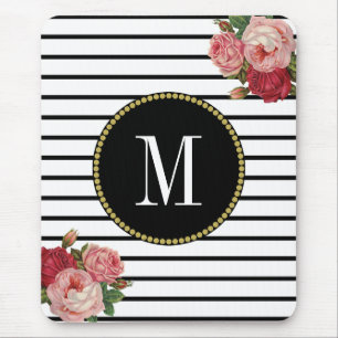 Black White Striped Antique Boho Floral Monogram Mouse Mat