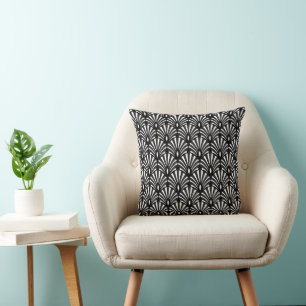 Black White Striped Art Deco Shell Pattern Cushion