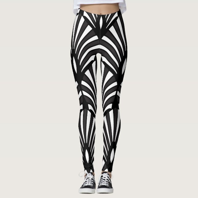 Black White Striped Art Deco Shell Pattern Leggings (Front)